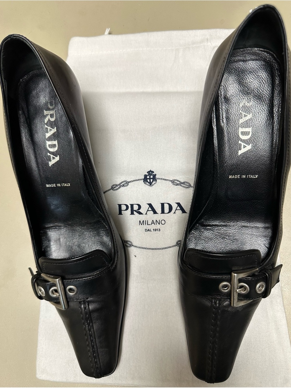 Prada Black Leather Square-Toe Buckle Pumps
